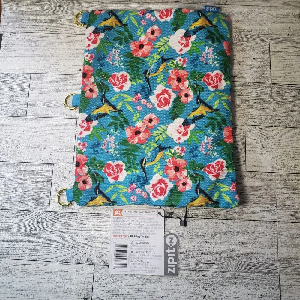 Zipit 3 Ring Pouch Case Pens Pencils School Supplies Hummingbird Flowers Blue